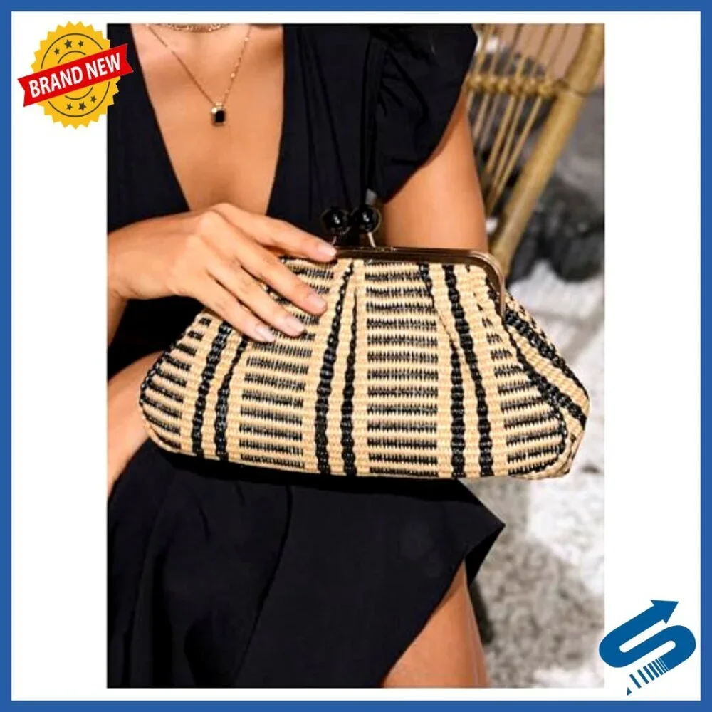 Woven Straw Evening Clutch Elegant Ruched Kiss Lock Dumpling Bag Formal
